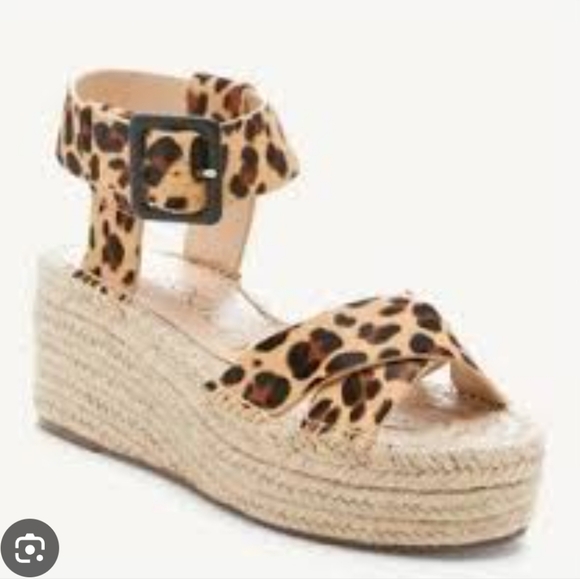Sole Society Audrina  Calf Hair Leopard Print Wedge Sandals - Picture 2 of 16